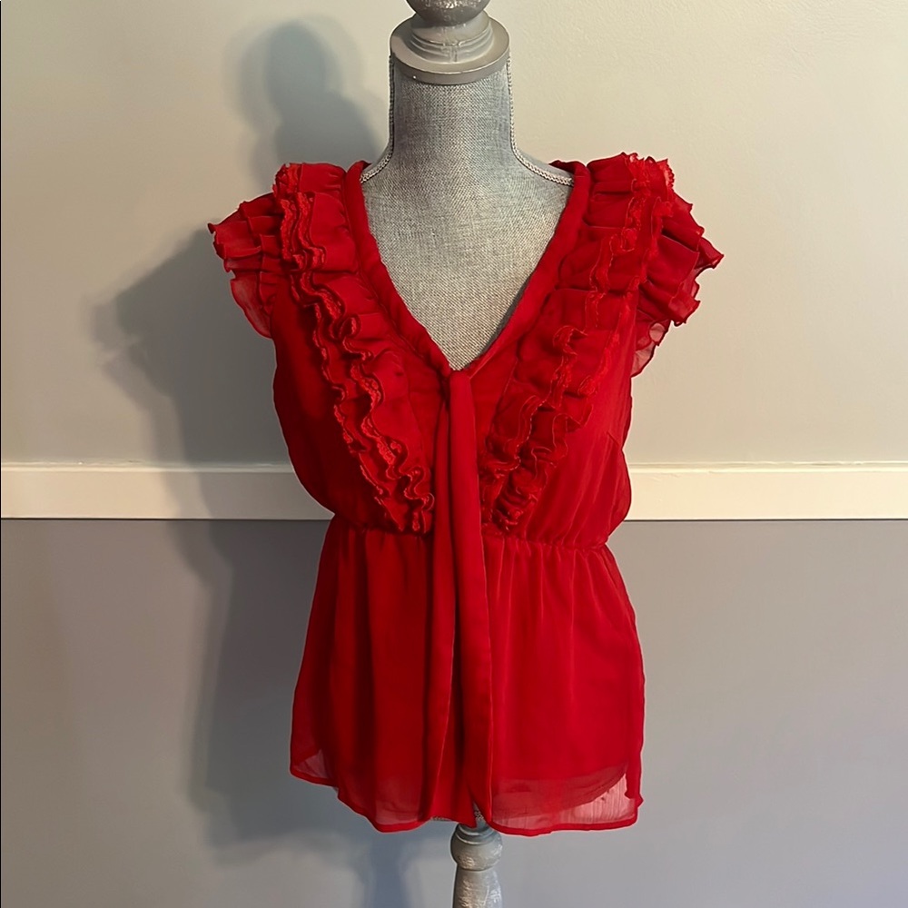 H&M Red Ruffled Cap Sleeve Blouse with Tie Front